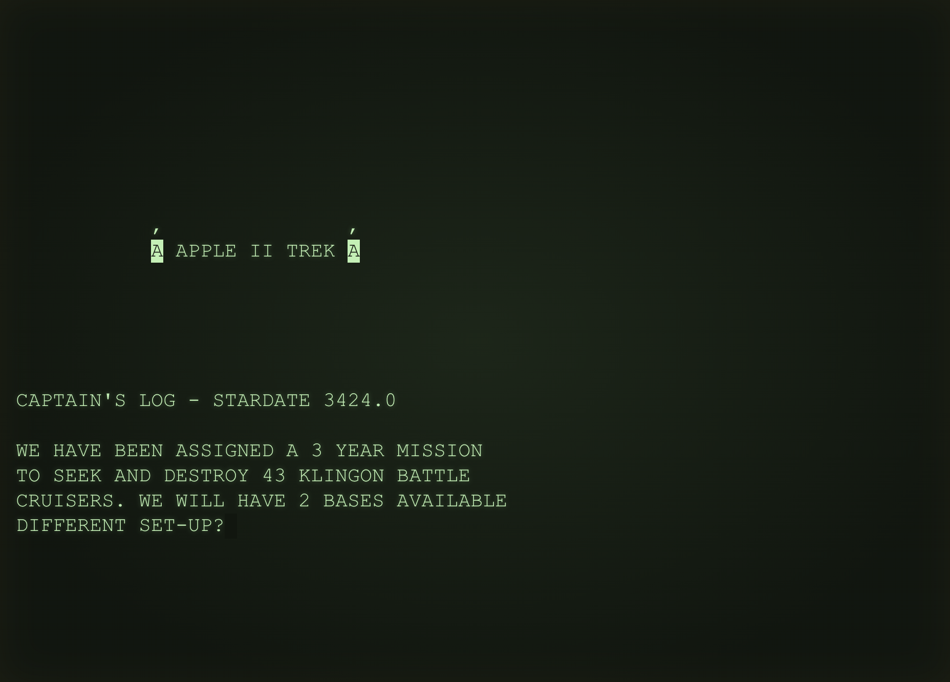 APPLETREK on Apple II, showing the captain's opening mission to destroy Klingon battle cruisers